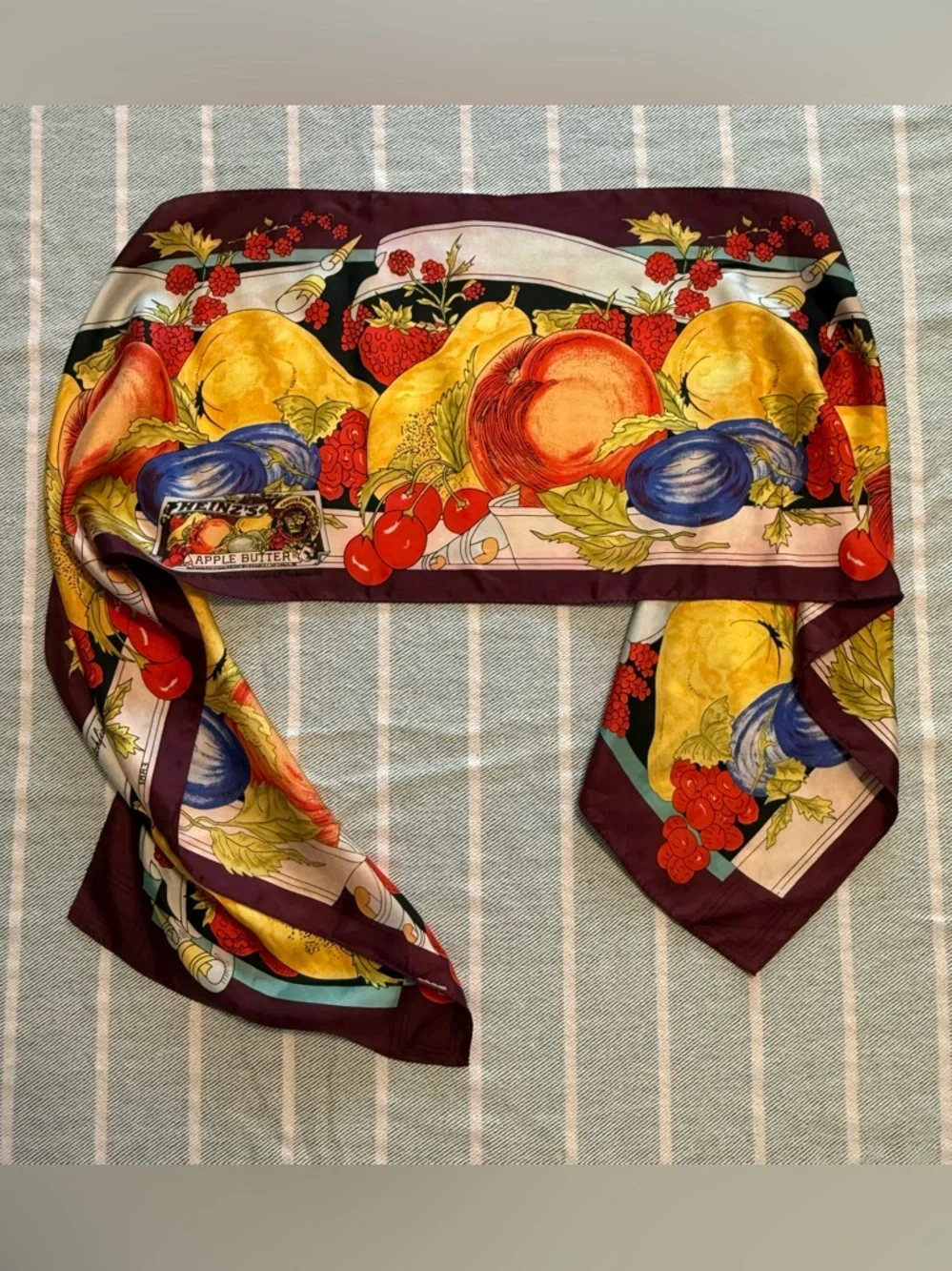 VTG June Critchfield silk scarf, fruit print, Heinz's Apple Butter 1989 drawing